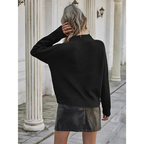 minimalist Ribbed Knit Mock Neck Sweater preppy black - Picture 2 of 9